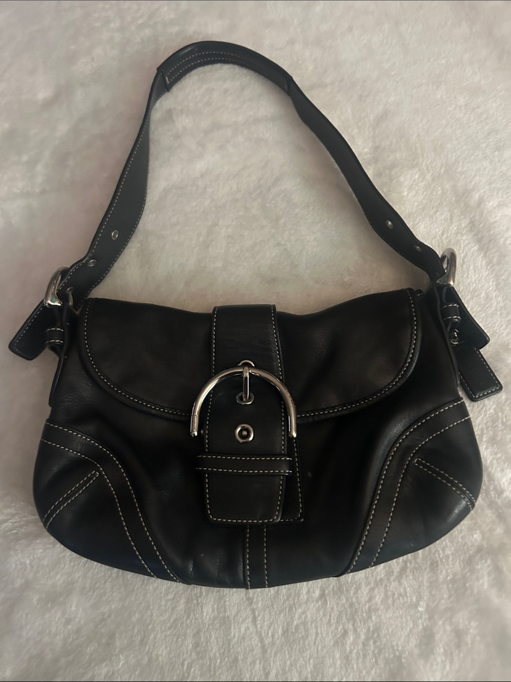 Coach Black Leather Shoulder Bag with White Contrast Stitching